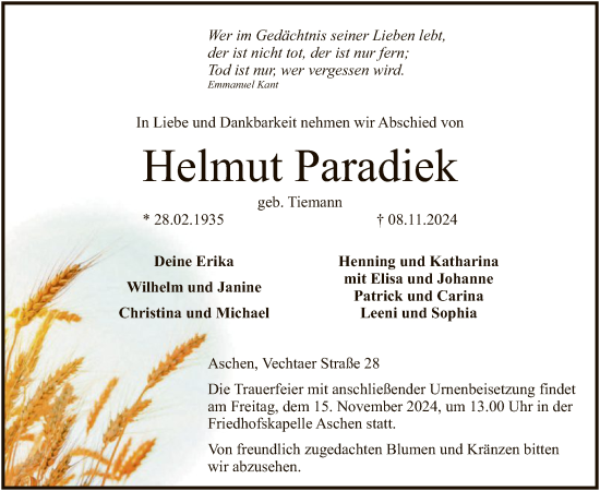 Traueranzeige von Helmut Paradiek von SYK