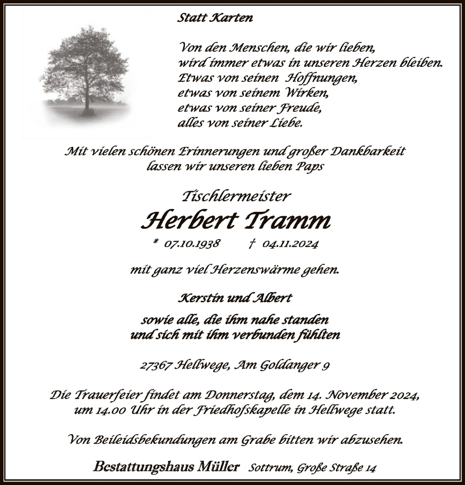  Traueranzeige für Herbert Tramm vom 09.11.2024 aus SYK