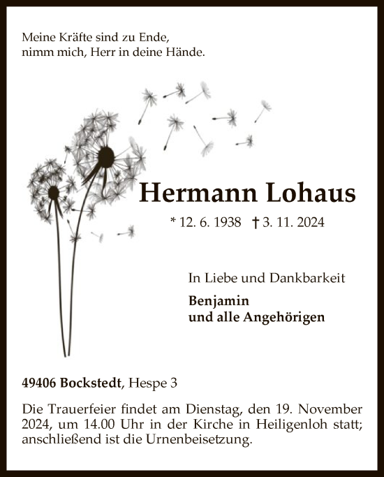 Traueranzeige von Hermann Lohaus von SYKSYK