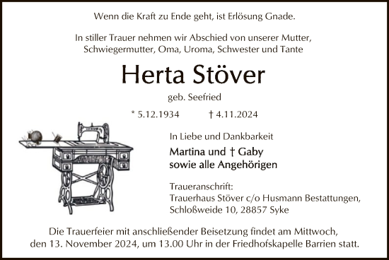 Traueranzeige von Herta Stöver von SYK