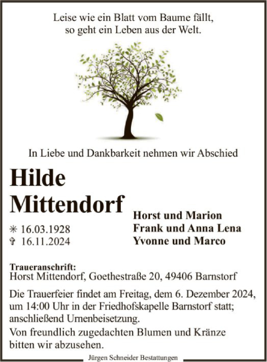Traueranzeige von Hilde Mittendorf von SYK
