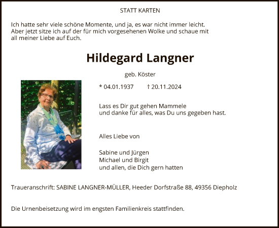 Traueranzeige von Hildegard Langner von SYK