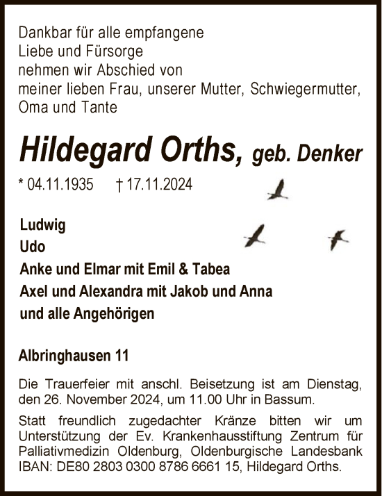 Traueranzeige von Hildegard Orths von SYK