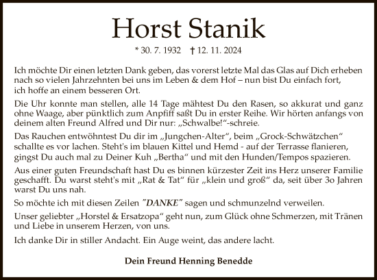 Traueranzeige von Horst Stanik von SYK