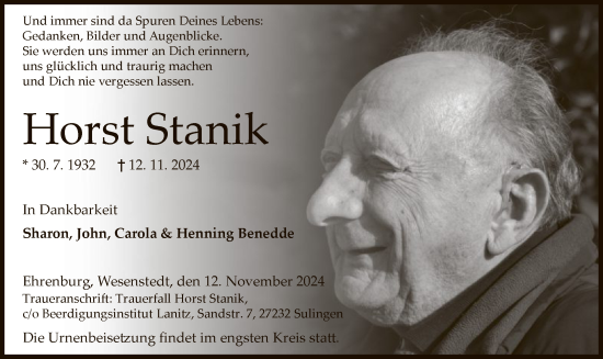 Traueranzeige von Horst Stanik von SYK