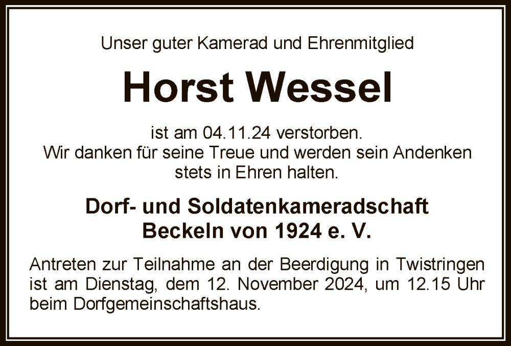  Traueranzeige für Horst Wessel vom 09.11.2024 aus SYK