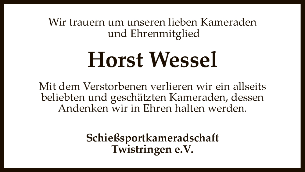  Traueranzeige für Horst Wessel vom 09.11.2024 aus SYK