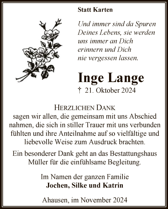 Traueranzeige von Inge Lange von SYK