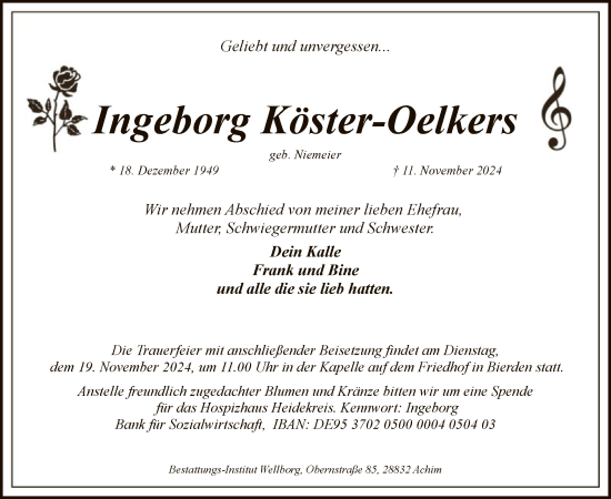 Traueranzeige von Ingeborg Köster-Oelkers von SYK