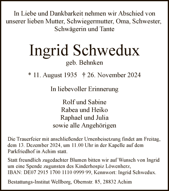 Traueranzeige von Ingrid Schwedux von SYK