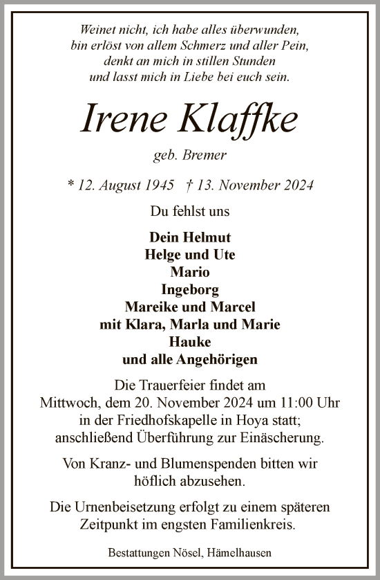 Traueranzeige von Irene Klaffke von SYK