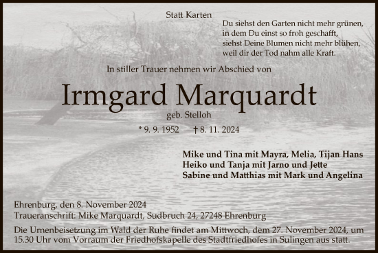 Traueranzeige von Irmgard Marquardt von SYK