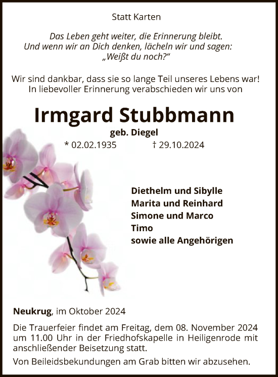 Traueranzeige von Irmgard Stubbmann von SYK