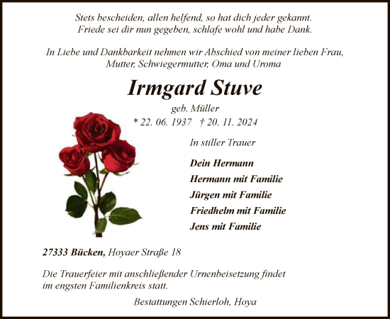 Traueranzeige von Irmgard Stuve von SYK