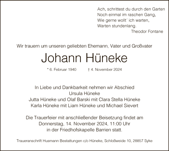 Traueranzeige von Johann Hüneke von SYK