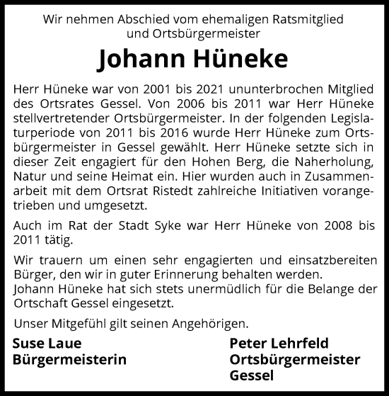 Traueranzeige von Johann Hüneke