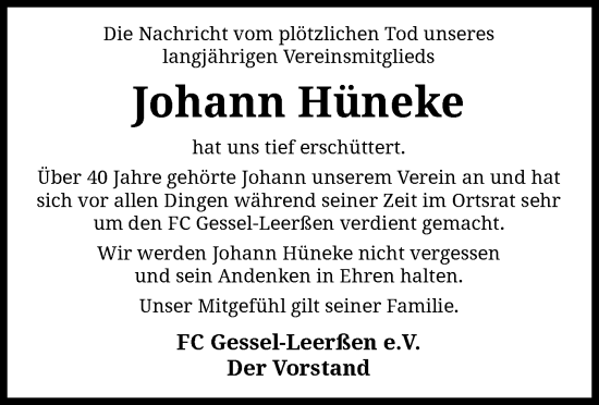 Traueranzeige von Johann Hüneke