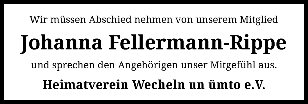  Traueranzeige für Johanna Fellermann-Rippe vom 30.11.2024 aus SYK