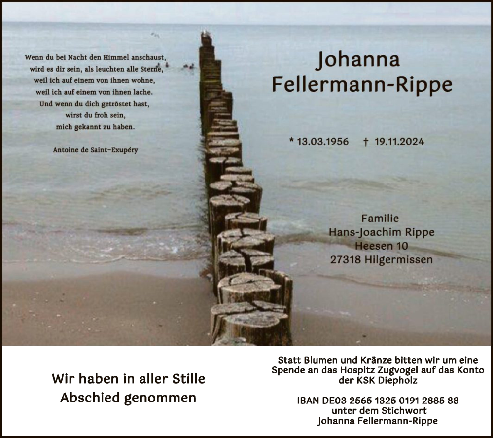  Traueranzeige für Johanna Fellermann-Rippe vom 30.11.2024 aus SYK