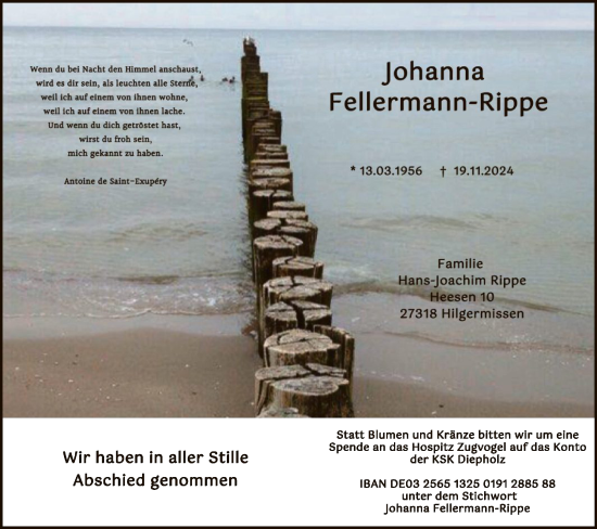 Traueranzeige von Johanna Fellermann-Rippe von SYK