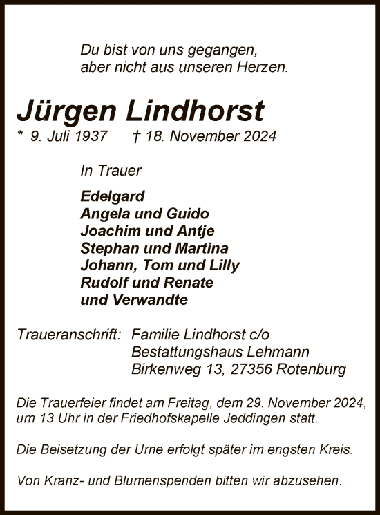 Traueranzeige von Jürgen Lindhorst von SYK