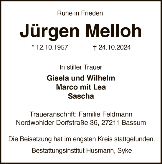 Traueranzeige von Jürgen Melloh von SYK