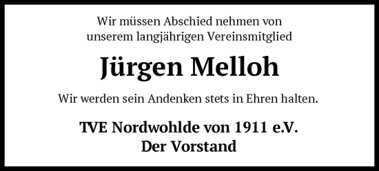 Traueranzeige von Jürgen Melloh