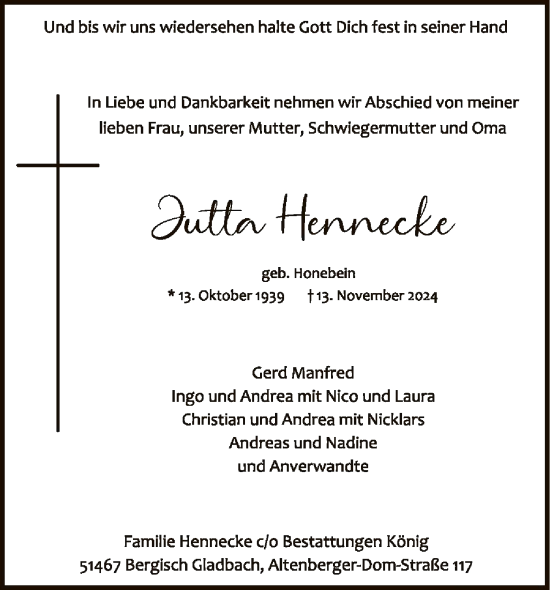 Traueranzeige von Jutta Hennecke von SYK