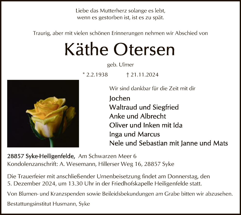  Traueranzeige für Käthe Otersen vom 27.11.2024 aus SYK