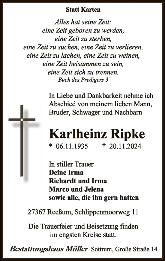 Traueranzeige von Karlheinz Ripke von SYK