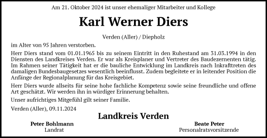 Traueranzeige von Karl Werner Diers von SYK