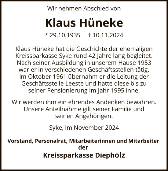 Traueranzeige von Klaus Hüneke von SYK