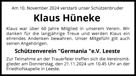 Traueranzeige von Klaus Hüneke von SYK