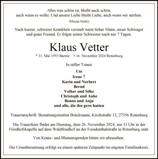 Traueranzeige von Klaus Vetter von SYK