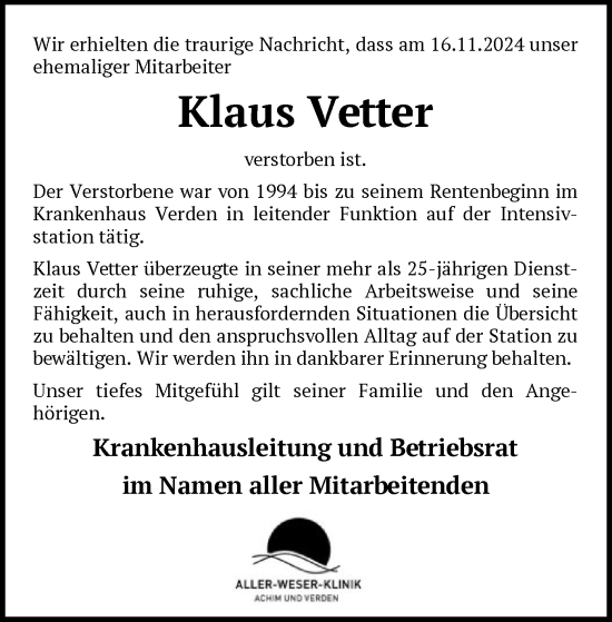 Traueranzeige von Klaus Vetter von SYK