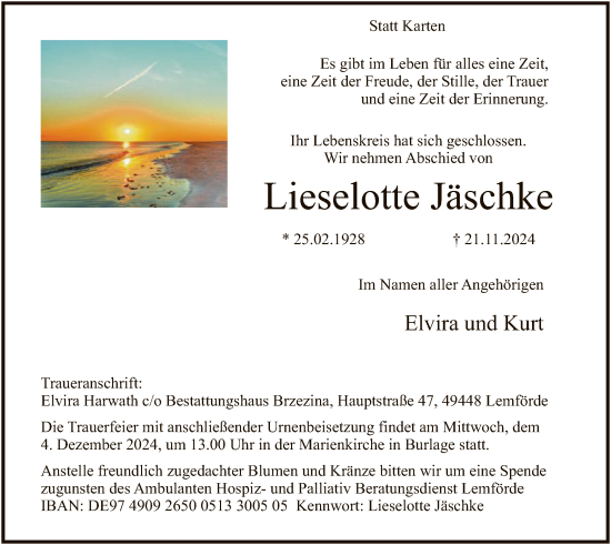 Traueranzeige von Lieselotte Jäschke von SYK