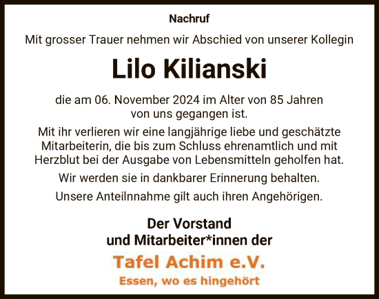 Traueranzeige von Lilo Kilianski von SYK