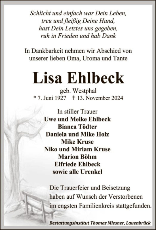 Traueranzeige von Lisa Ehlbeck von SYK