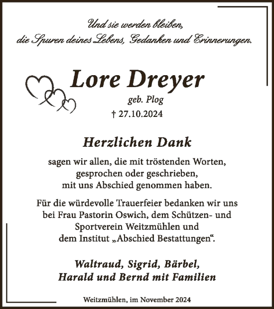 Traueranzeige von Lore Dreyer von SYK