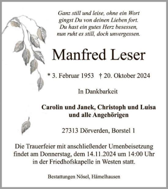 Traueranzeige von Manfred Leser von SYK