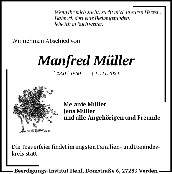 Traueranzeige von Manfred Müller von SYK