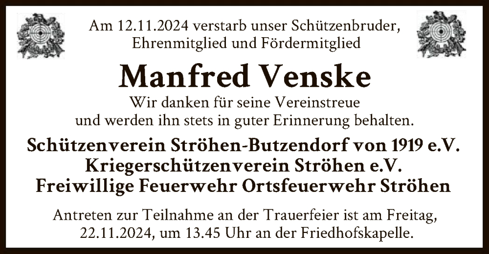  Traueranzeige für Manfred Venske vom 16.11.2024 aus SYK