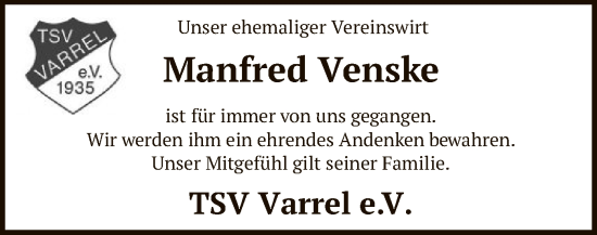 Traueranzeige von Manfred Venske von SYK