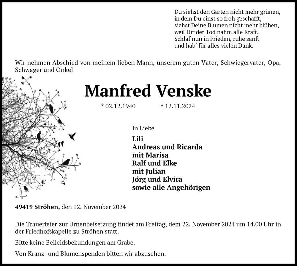  Traueranzeige für Manfred Venske vom 16.11.2024 aus SYK