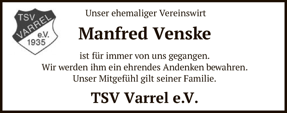  Traueranzeige für Manfred Venske vom 19.11.2024 aus SYK