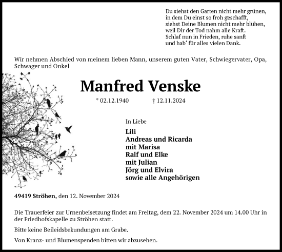 Traueranzeige von Manfred Venske von SYK