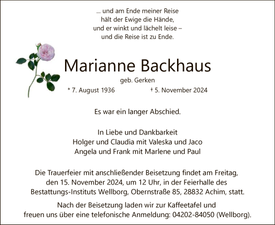 Traueranzeige von Marianne Backhaus von SYK