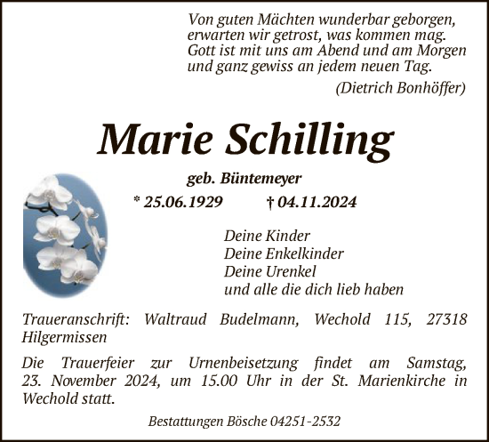 Traueranzeige von Marie Schilling von SYK