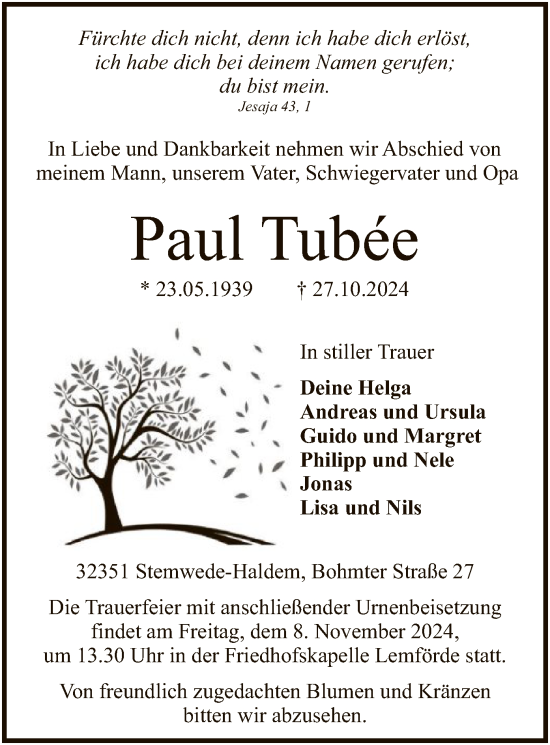 Traueranzeige von Paul Tubée von SYK