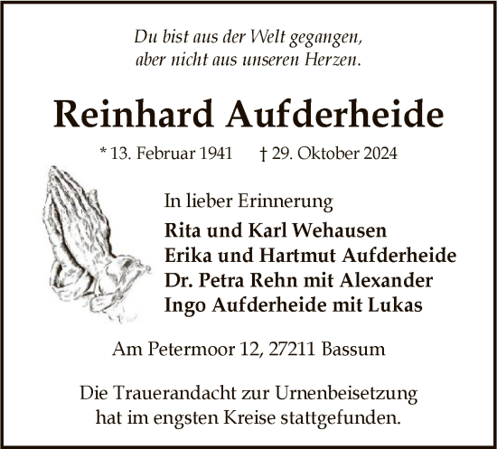 Traueranzeige von Reinhard Aufderheide von SYK